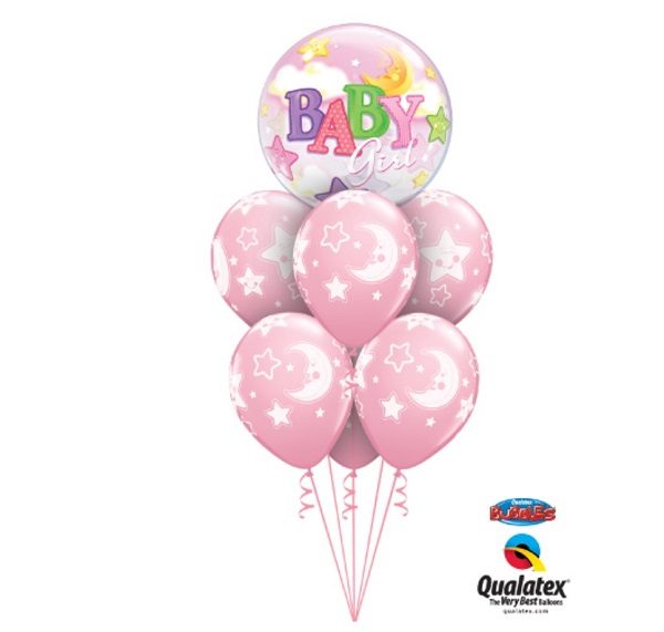 Pink Baby Girl Moon & Stars Balloon Bouquet